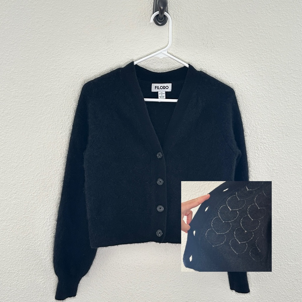 Filoro Black 2-Ply Cashmere Pointelle Heart Pattern Knit Cardigan Cottagecore‎ S